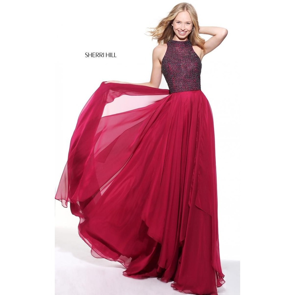 Sherri Hill Size 10 Ruby Red Beaded Halter Open Back Prom Pageant Gown